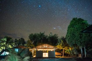 Small building in rainforest lit by candelight beneath a starry sky.