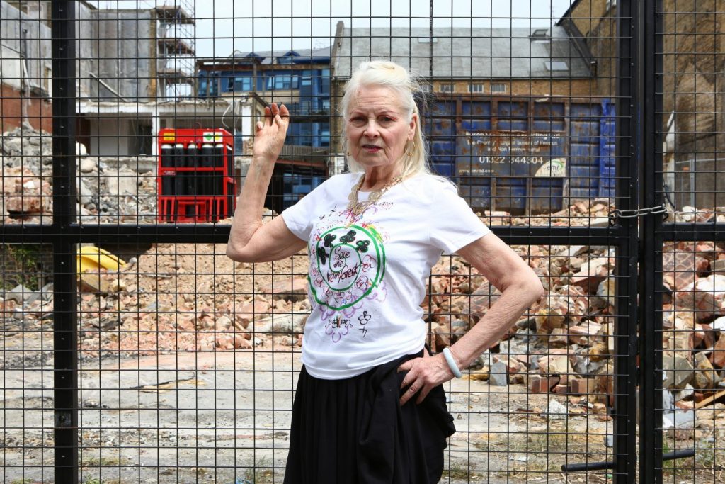 Portrait of Vivienne Westwood wearing the t-shirt she designed for Cool Earth.