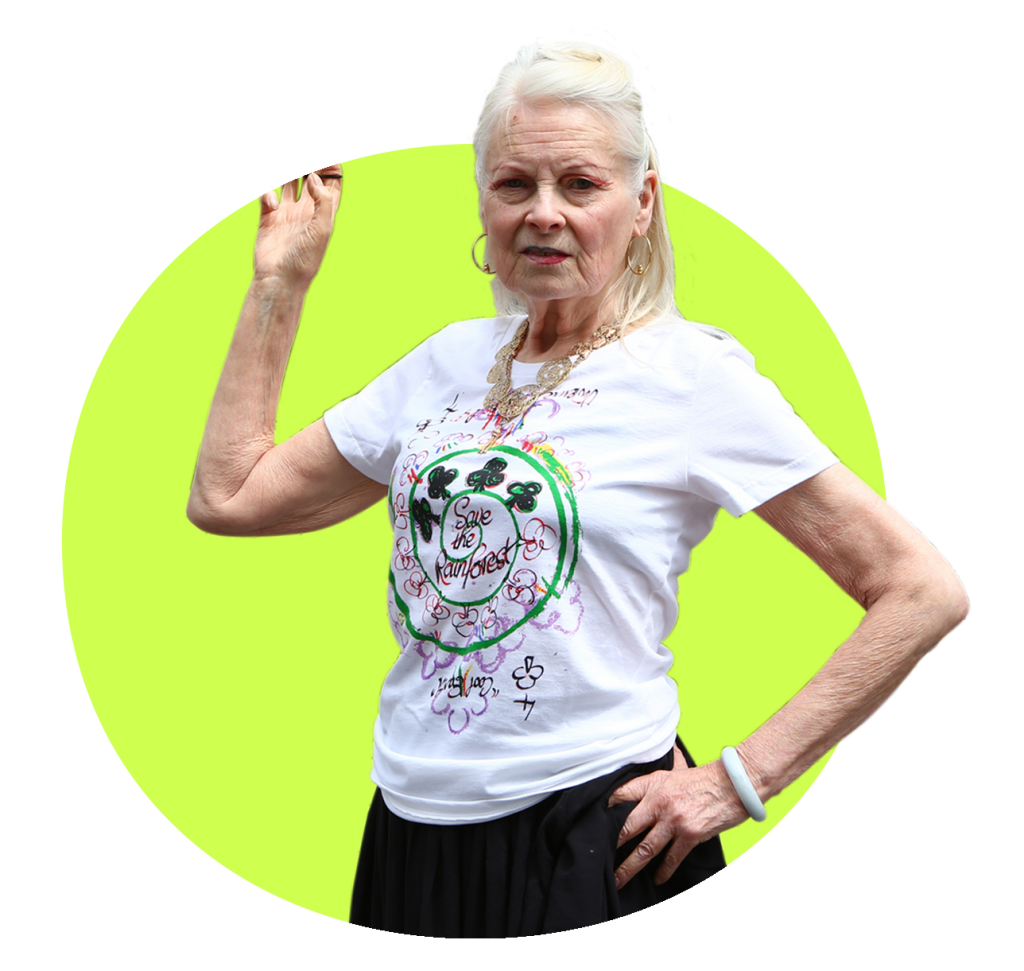 Image of Vivienne Westwood, a fashion designer wearing a save the rainforest t-shirt against a bright neon background.