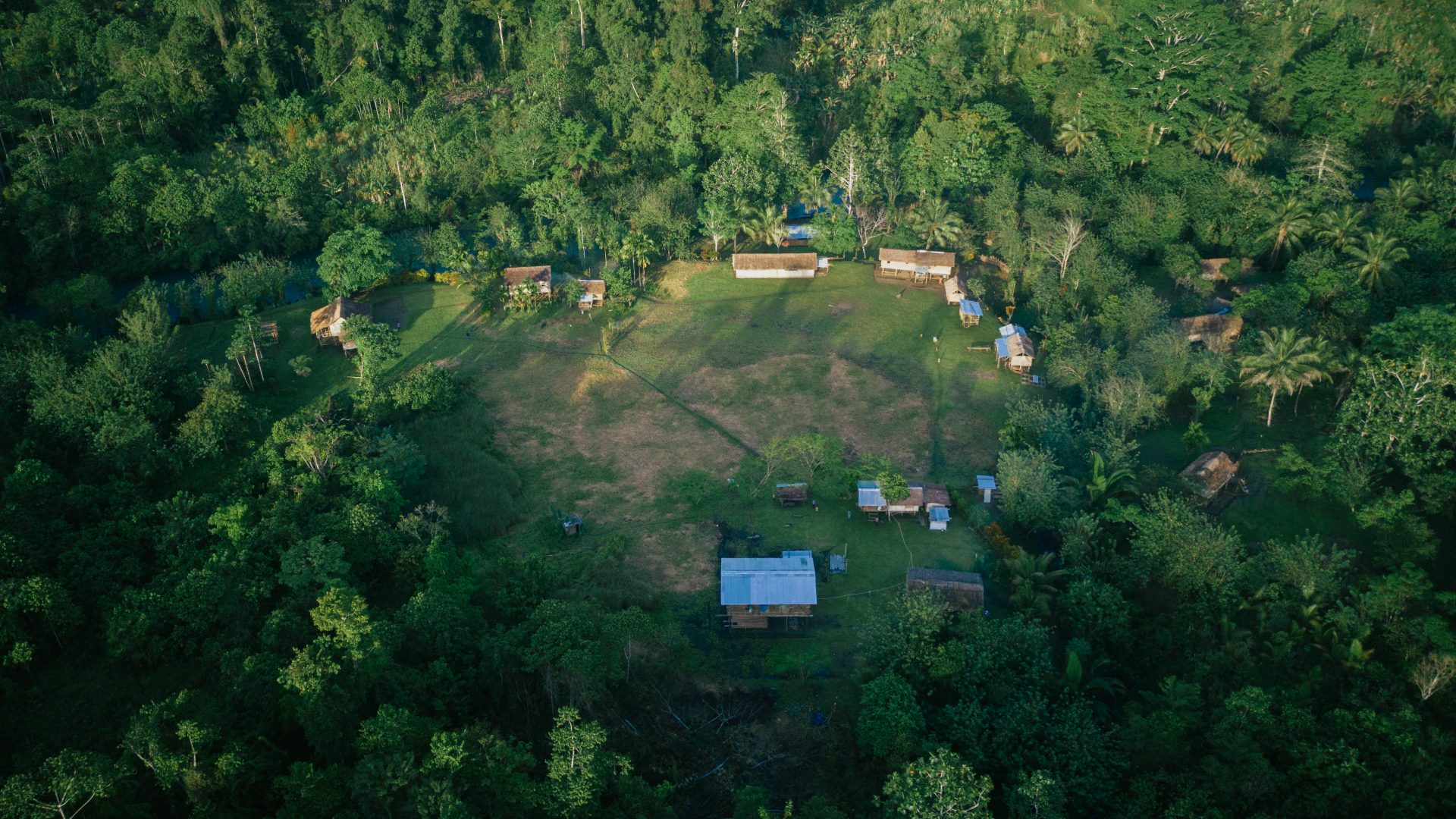 Imagen aérea de un claro de aldea rodeado de bosque.