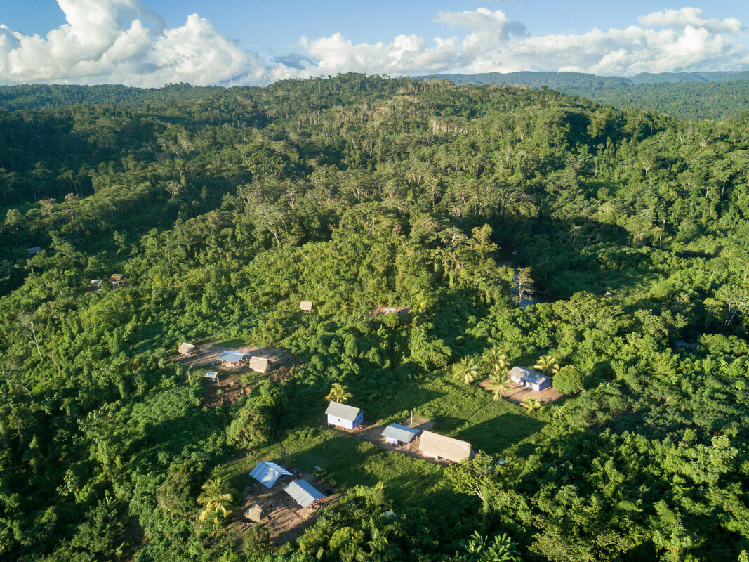 An Asháninka village surrounded by lush tropical rainforest. Aerial view.