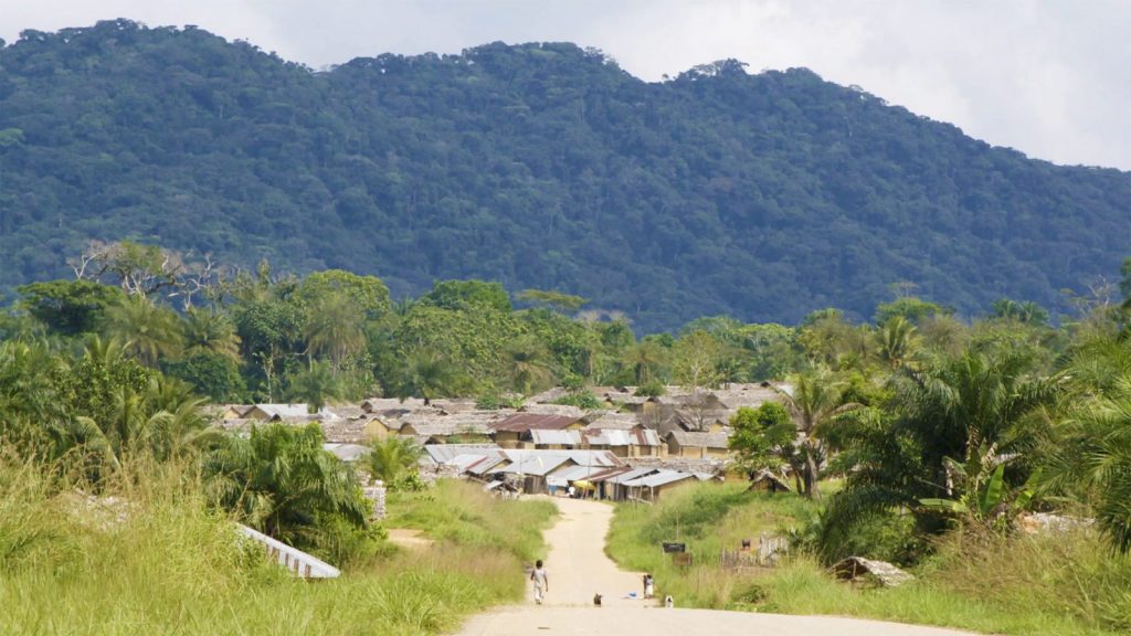 A view of a road leading to a Lubutu village with rainforest in the background.