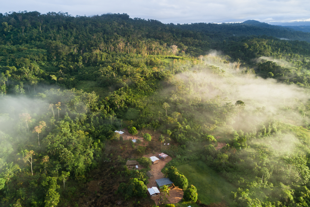 Aerial view of an Ashaninka village in Peru, houses are surrounded by dense rainforest that reaches to the horizon, a mist hangs over the forest and breaks in cloud let the sun shine on parts of the forest