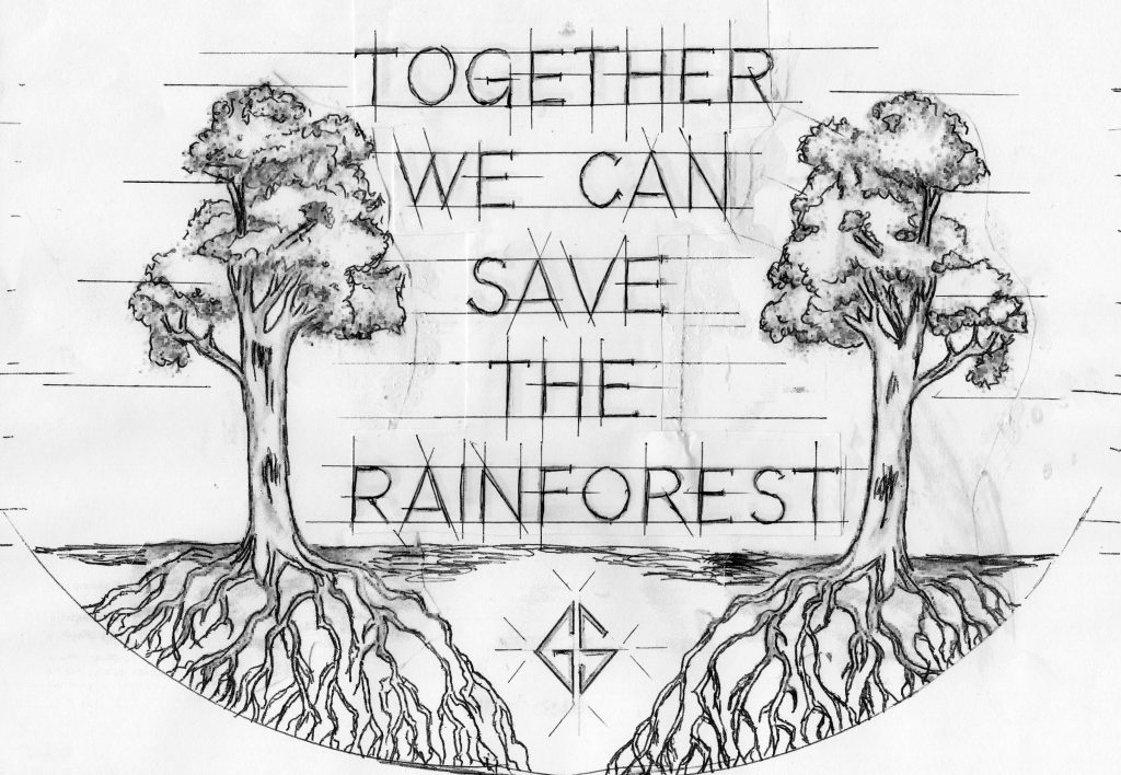 Mico pin engraving. Reads: TOGETHER WE CAN SAVE THE RAINFOREST" two trees with roots that go seep underground are depicted on either side.