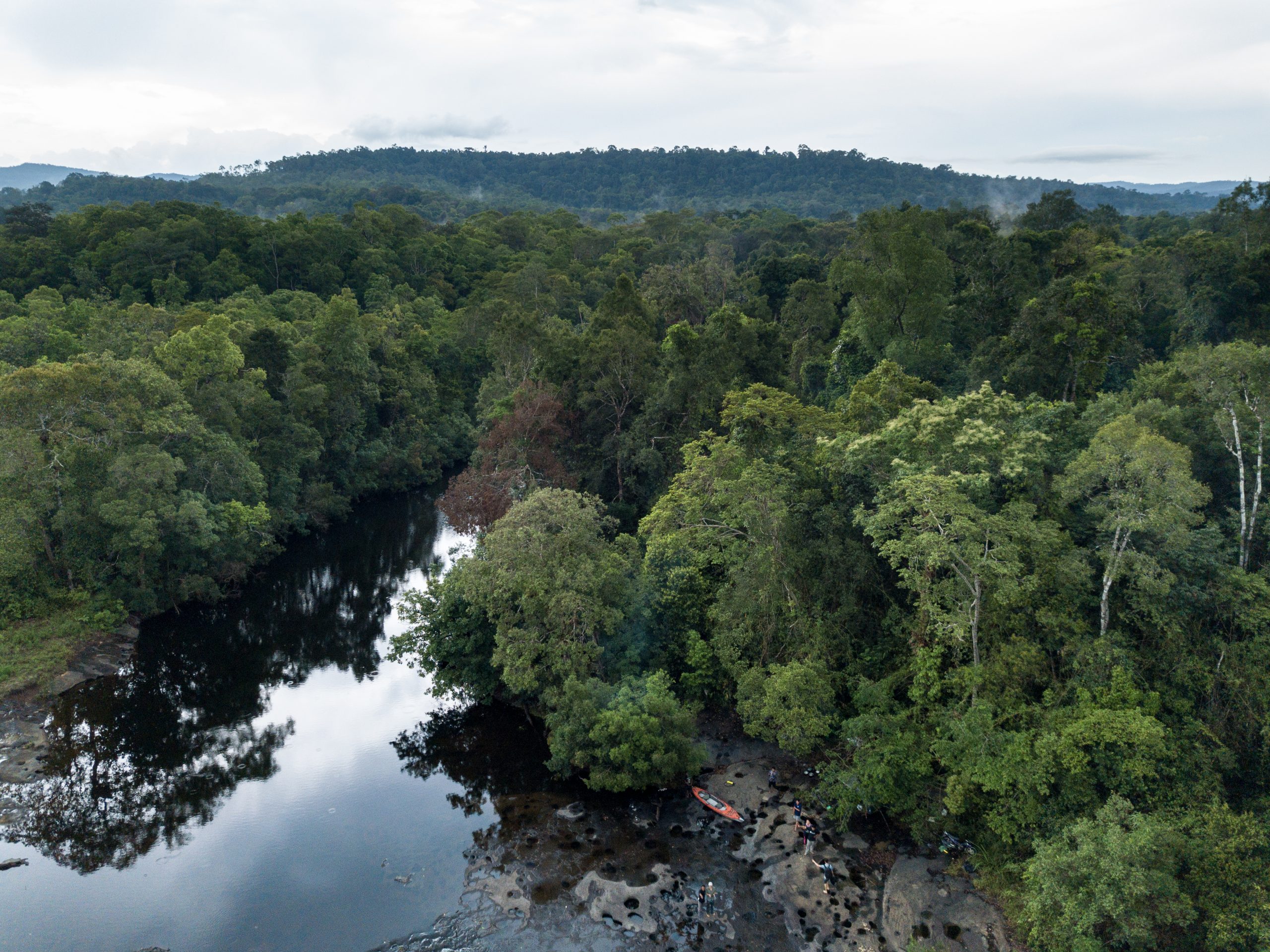 Aerial image of a river disappearing into lush forest. A kayak rests on the shore at the bottom of the image.