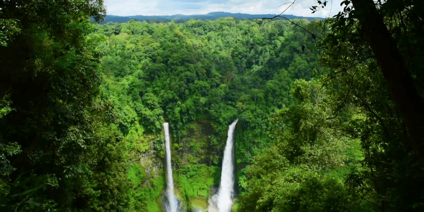 Two waterfalls spill out from lush green rainforest