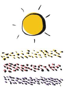 Illustration of a yellow sun drying cacao beans