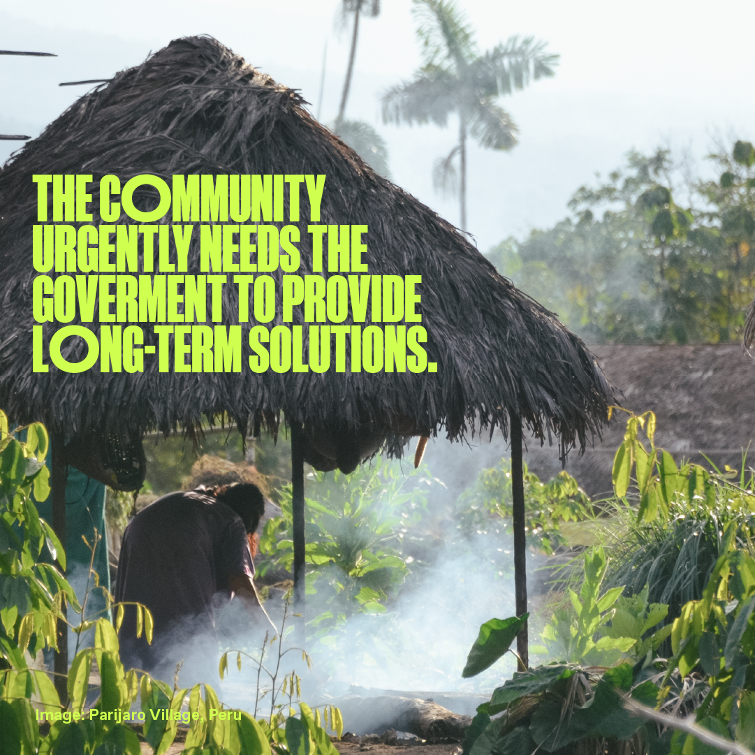 The words 'The Community urgently needs the government to provide long term solutions' over a backlit image of a woman wafting a fire in the shade of a sago-leaf structure.