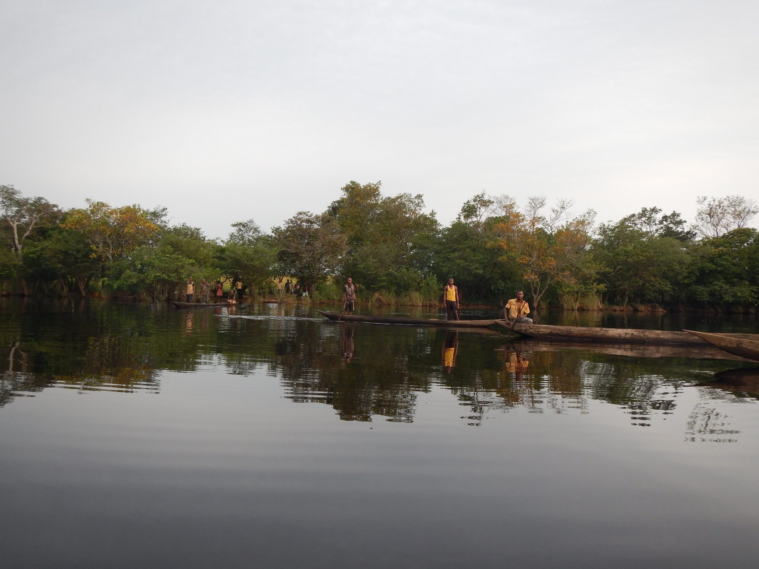 Local community forest concession members standing in canoes over the water, forest can be seen in the background.