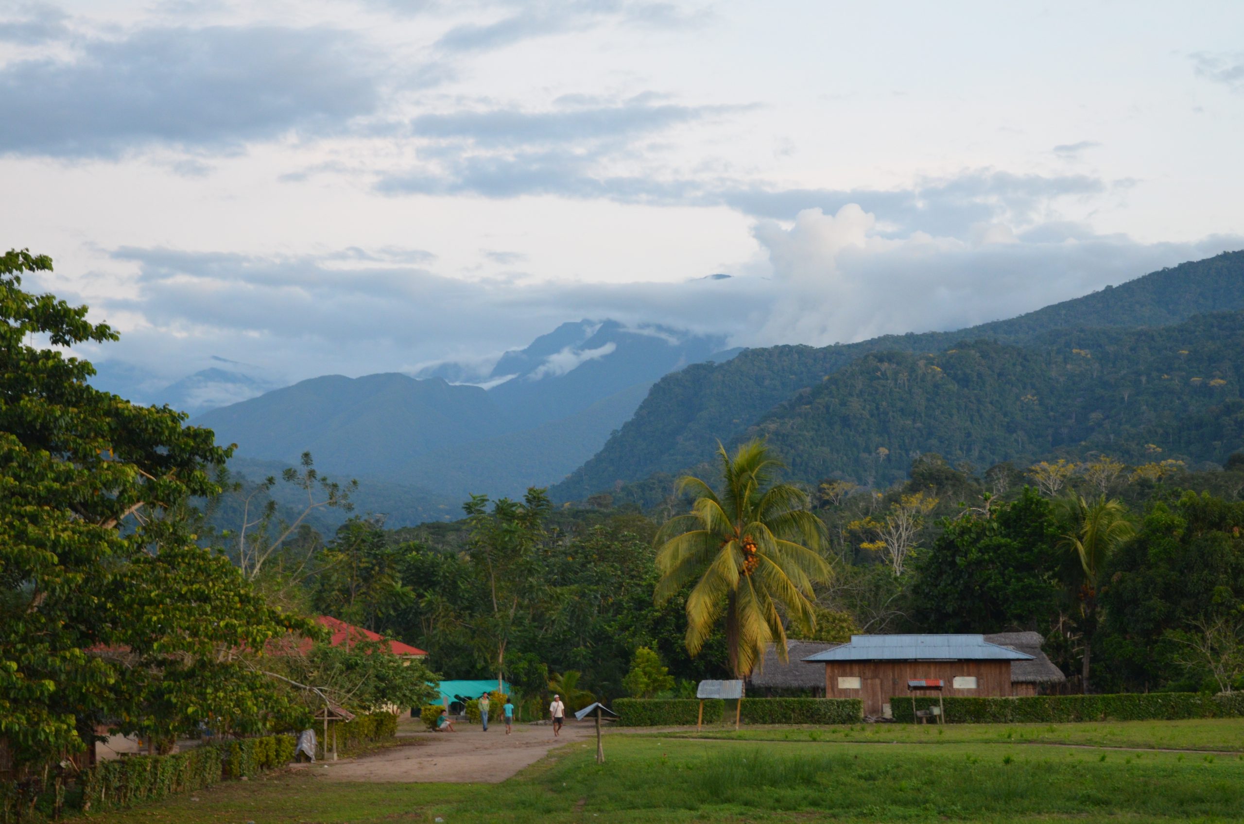 in the foreground there is a grass field, buildings surrounded by trees can be seen, in the background rainforest covered mountains stretch into the distance topped with clouds. 