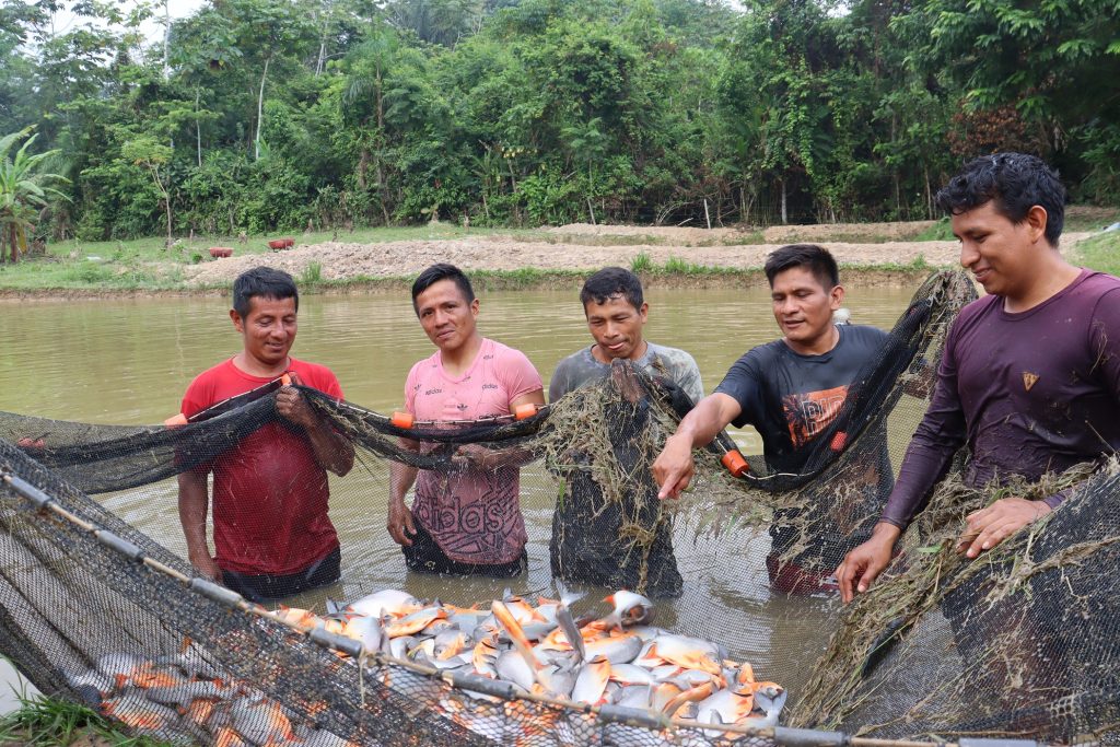 Fish farming team and participants of the project in the Awajún community of Huaracayo