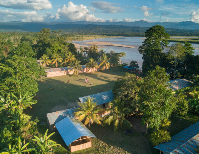 Aerial of an Asháninka village on the edge of the Rio Ene, Peru.