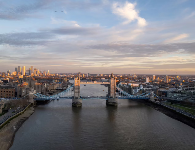 A breathtaking aerial shot of London's Tower Bridge with the city skyline at dusk. Photo: Ollie Craig